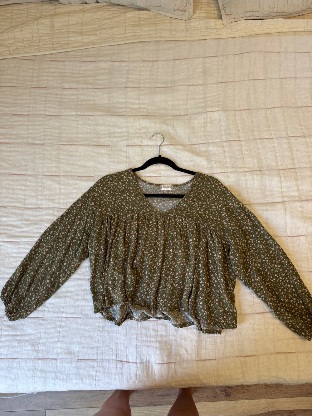 Altar'd State Olive Green Floral V-Neck Peasant Top